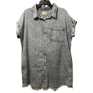 Light Acid Wash Blue Denim Short Sleeve Button Mini Dress Size Large 100% Cotton
